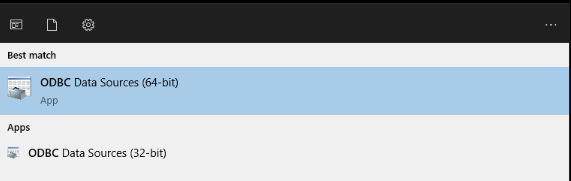 A list of the ODBC Data Sources, with the 64-bit version highlighted.