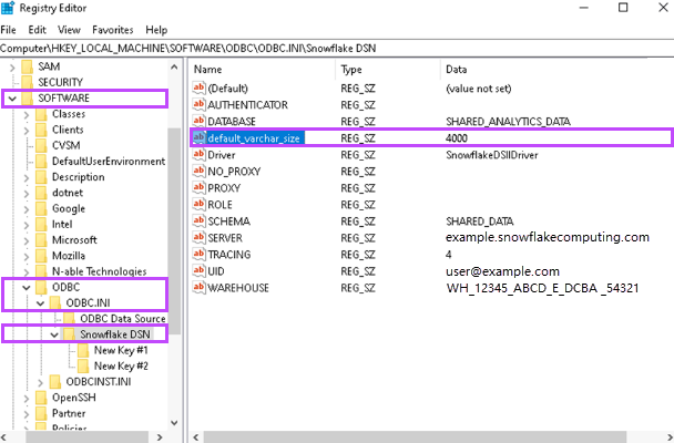 Regedit screen showing the path to create the new default_varchar_size key. In this example, Software, OBDC, ODBC.INI, Snowflake DSN