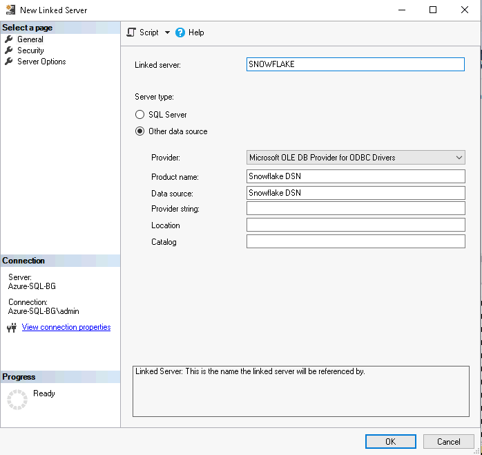 Dialog for the New Linked Server showing the checked Other data source details radio with Microsoft OLE DB Provider for ODBC Drivers selected as the provider.
