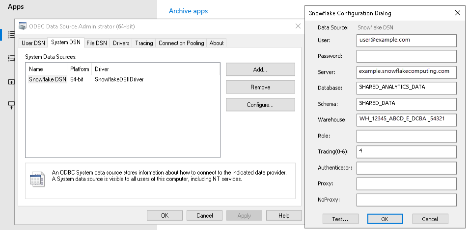 Dialog for Snowflake Configuration displaying the various connection detail options.