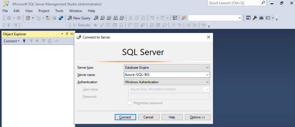 Login screen to Connect to Server Microsoft SQL Server displaying the server details with the Connect button highlighted.