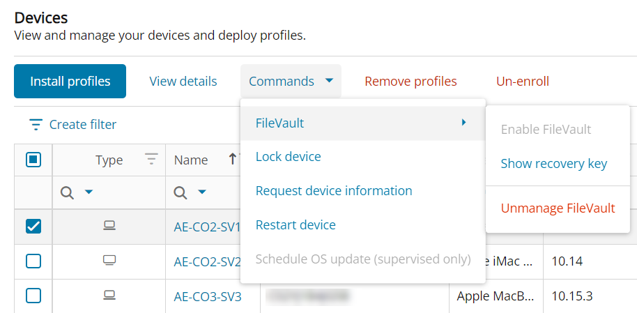 Device details Commands menu