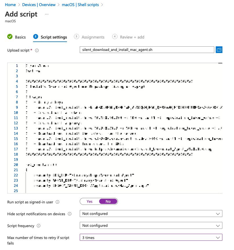 Script settings showing the uploaded example script and configured settings.