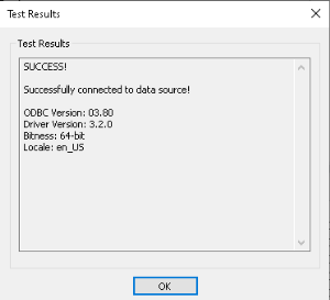 Test Results dialog showing a Successful connected to data source message.