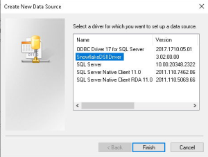 Dialog for Create New Data Source containing a list of the data sources drivers with the Snowflare OBDC driver highlighted.