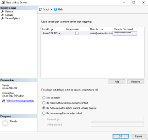 Dialog for the New Linked Server with the Be made using the login’s security context login type selected.