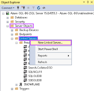 Menu item for New Linked Server menu option under Server Objects, Linked Servers.