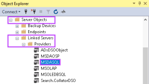 Object Explorer path showing MSDASQL location under Server Objects, Linked Servers, Providers.