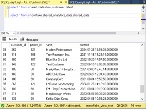 SQL query window showing the queries in the top pane and the resuts in the bottom