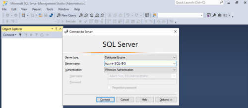 Login screen to  Connect to Server Microsoft SQL Server displaying the server details with the Connect button highlighted.
