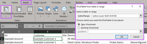 Excel image showing a highlighted cell and the Insert menu and PivotTable button