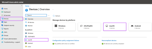 The Microsoft Intune admin center Home, Devices Overview page with the macOS options highlighted.