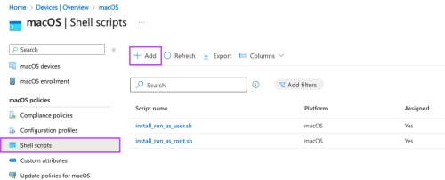 The macOS Shell scripts page highlighting Shell scripts button under macOS policies and the Add button.