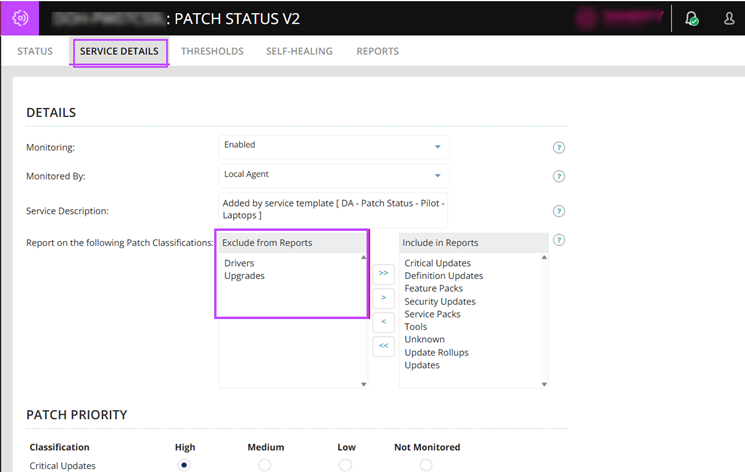 Service configuration showing patch classification exclusion settings.