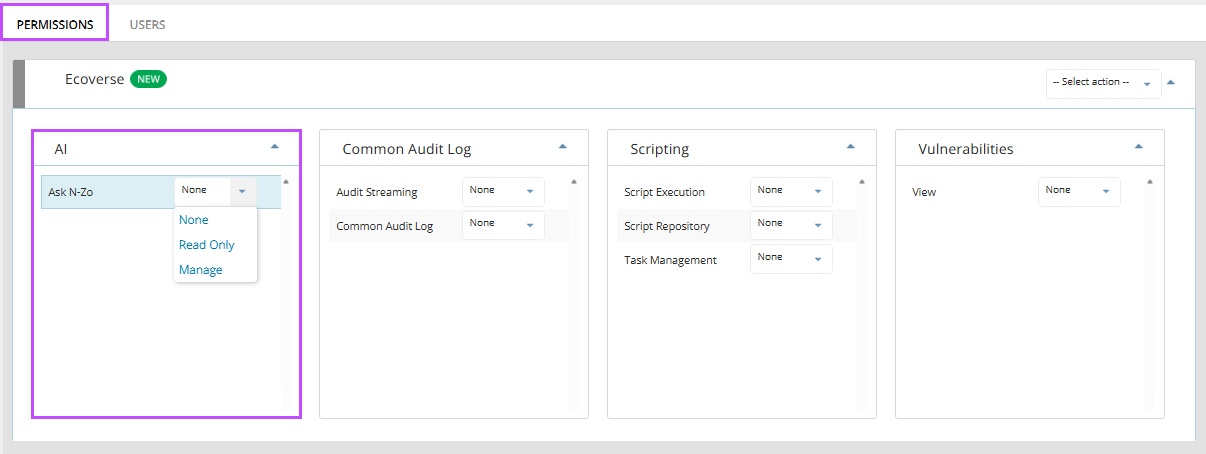 N-central Permissions dialog displaying the AI drop-down options of None, Read-Only and Manage