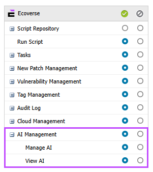 N-sight Permissions dialog displaying the AI drop-down options of All, Manage AI and View AI. Unselected means none