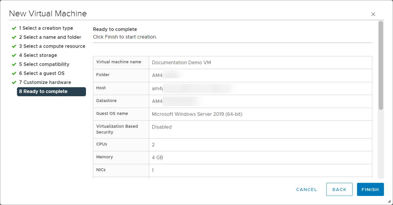 New Virtual Machine - confirm new VM details and create
