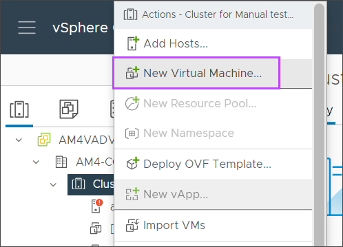 Inventory menu - New Virtual Machine highlighted