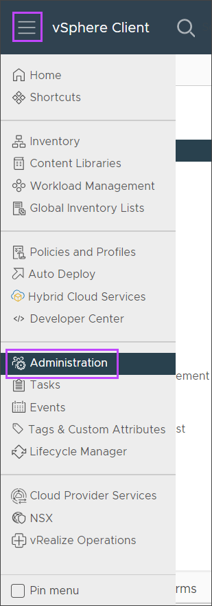 vSphere Client menu - Administration highlighted