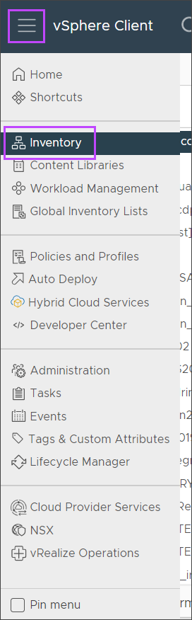 vSphere Client menu - inventory highlighted