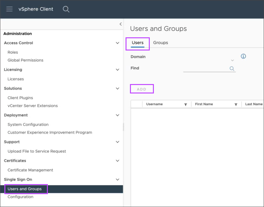 vSphere Client - Users and Groups - Add User
