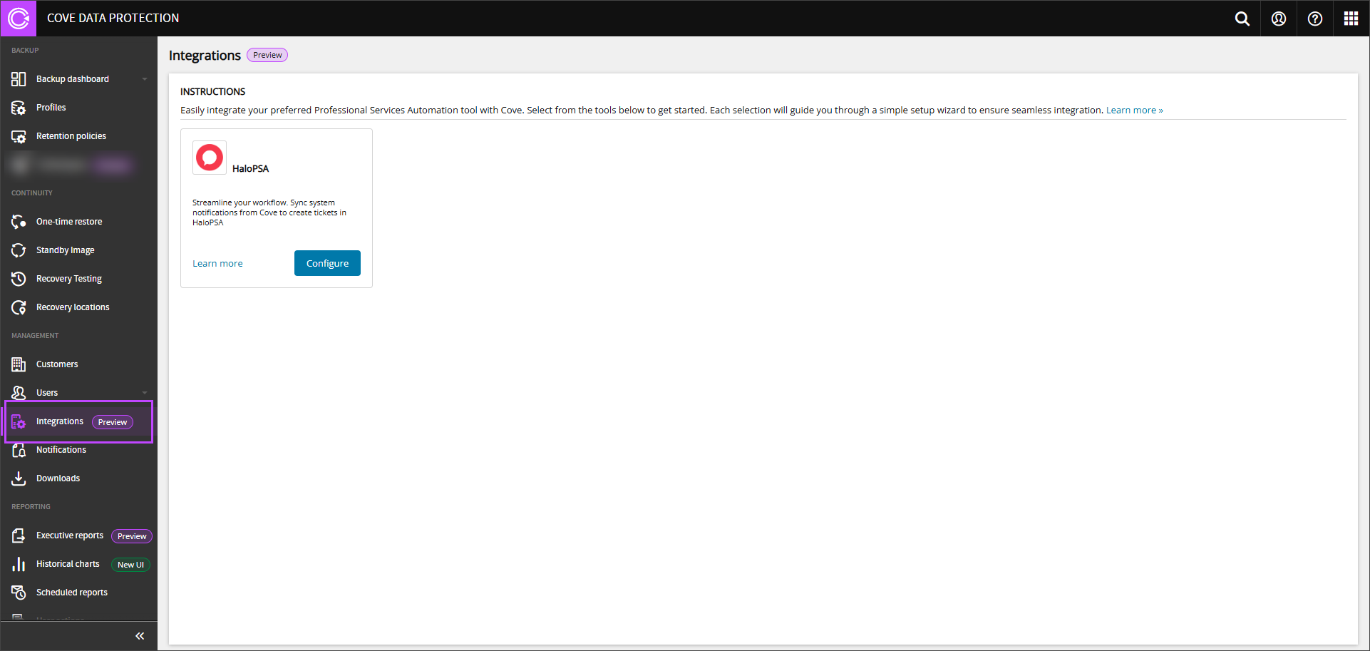 Integrations in Management Console