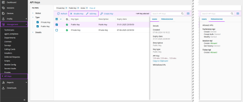 The API Keys dialog from Management, API Keys showing the edit and disable key options, along with the Main and Permissions panels.