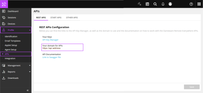 The API dialog from Profile, APIs, with your domain for APIs highlighted