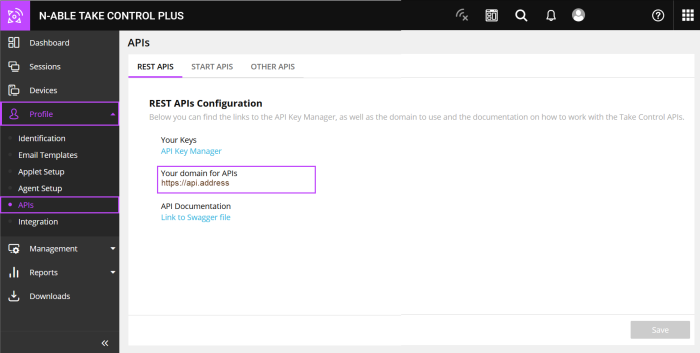 The API dialog from Profile, APIs, with your domain for APIs highlighted